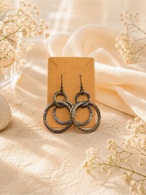Textured Double Hoop Dangle Earrings - Metallic Black Fashion Jewelry NWOT